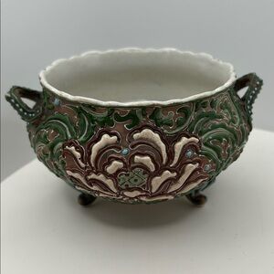 Scalloped Rim Handled Footed Cachepot Pottery Bowl Botanical Motifs